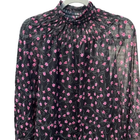 Elizabeth And James EUC Long Sleeve Black Pink Floral Sheer Smocked Neck Top Med - Picture 4 of 16